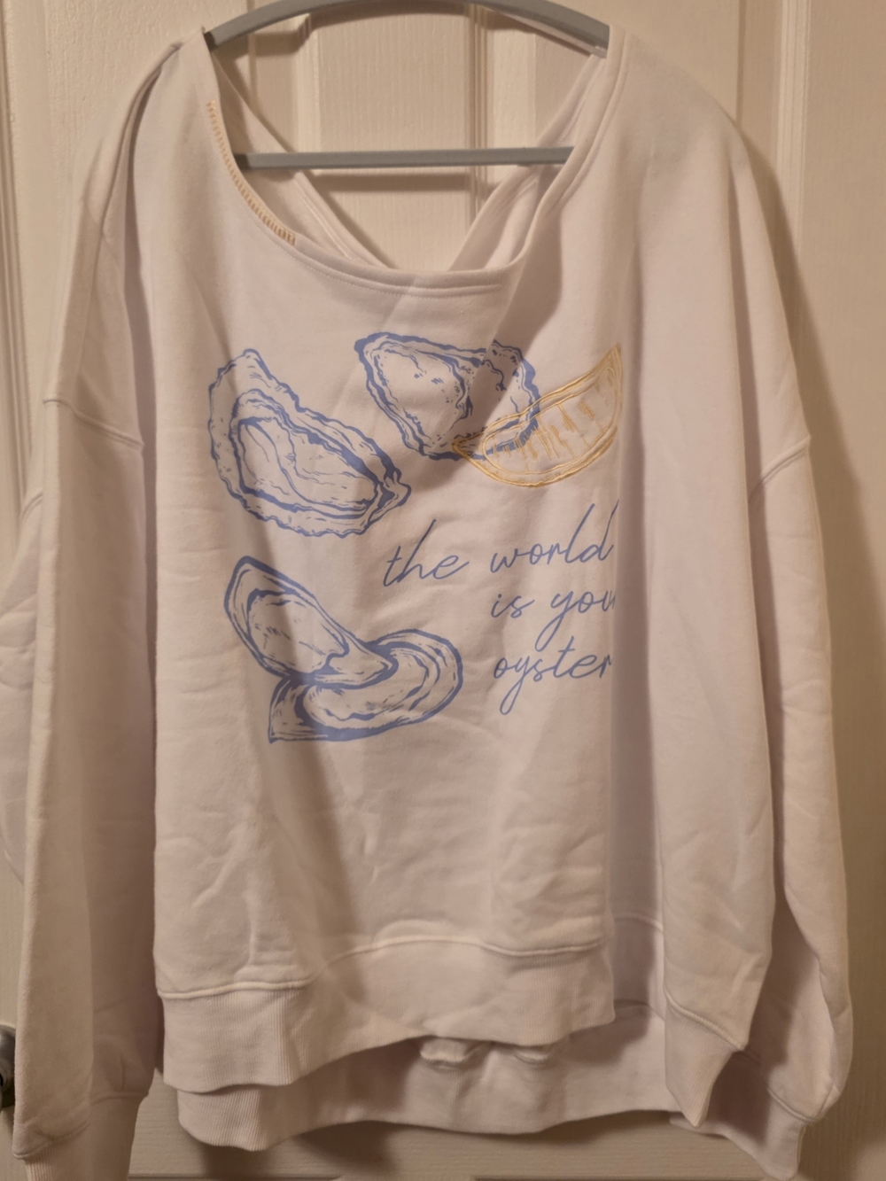 Mighty Fine White Crewneck Sweater with Blue & Gold Oyster Graphic